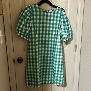 Teal gingham A-line dress with puff sleeves